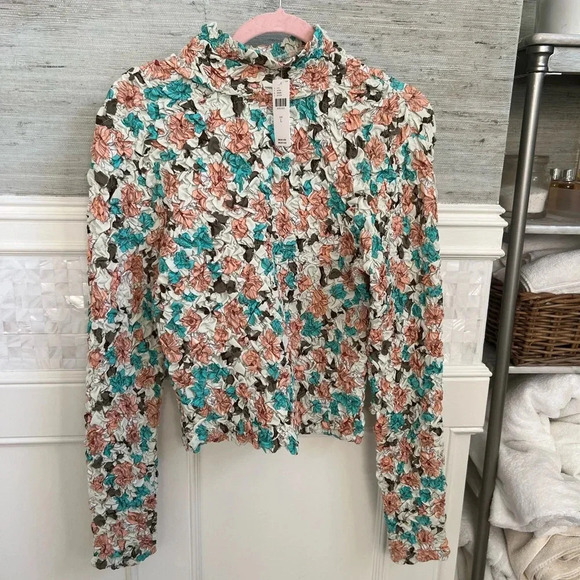 NWT new Anthropologie Dolan printed pebble smocked floral turtleneck large peach - Picture 3 of 16